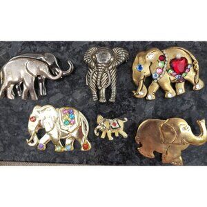 Lot of Six Assorted Vintage Elephant Brooch Pins Gem Accents & Gold/Silver Tones